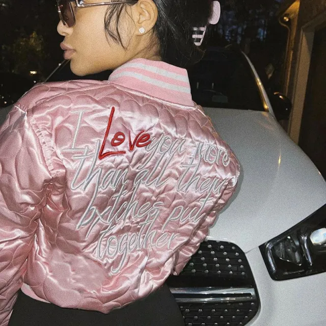 Women's Fashion Letters Embroidered Short Slim Cotton Jacket Pink - Shop at LoveMi
