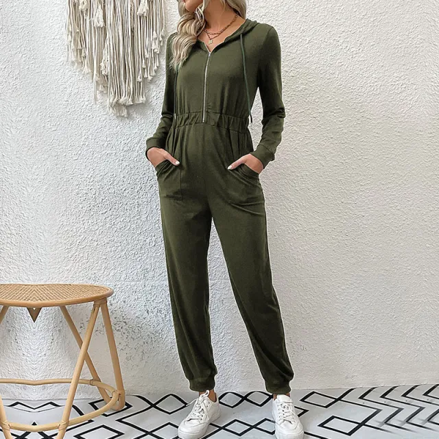 Hooded Long Sleeve Zipper Hoodie Casual Sports Jumpsuit Green - Shop at LoveMi