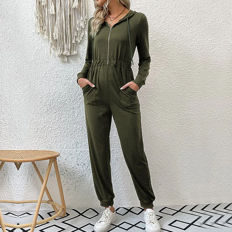 Hooded Long Sleeve Zipper Hoodie Casual Sports Jumpsuit - Green