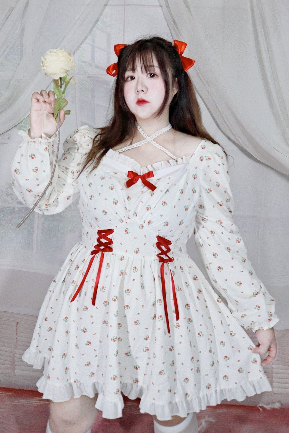 Gentle Wind Small Floral High Waist Tie Long Sleeve Dress