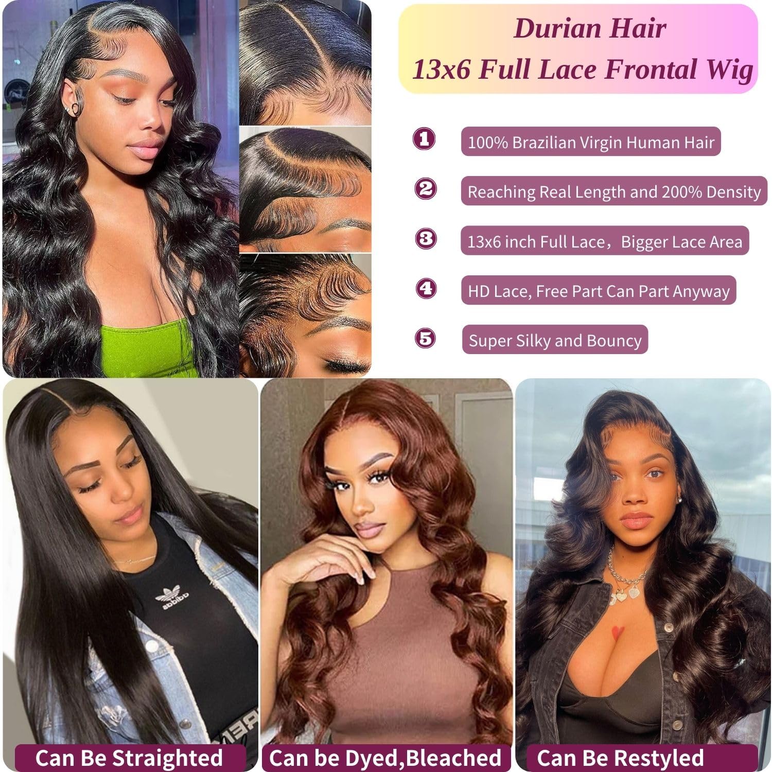 13x6 Front Lace Human Hair Wig, Natural Color, Body Wave, Density