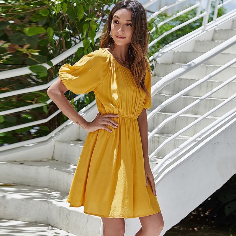 Solid Color Pleated Lantern Sleeve Short Sleeve Fitted Dress