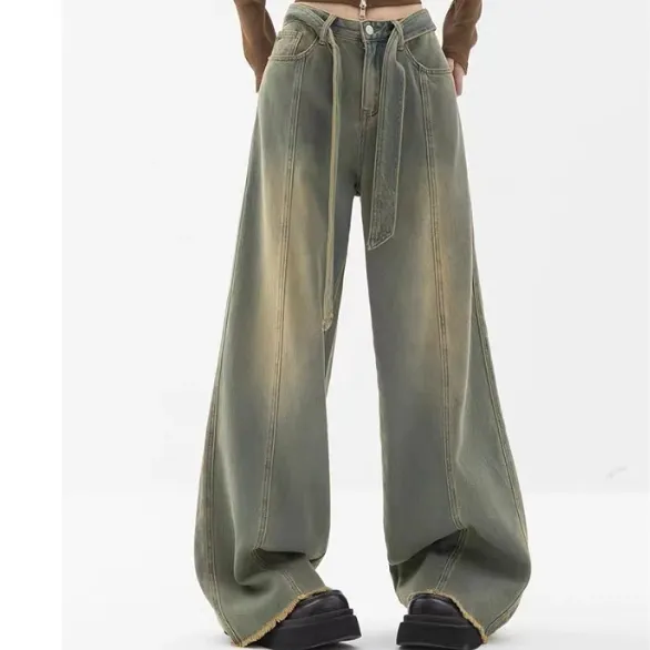 Retro Blue Jeans Women's Straight Loose Wide Leg Pants Dark Wide Foot Mopping - Vintage Blue