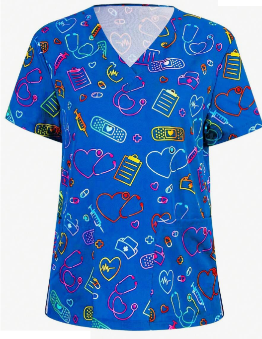 بلوزة طبية نسائية مقاس كبير بنقشة حيوية وياقة V وأكمام قصيرة