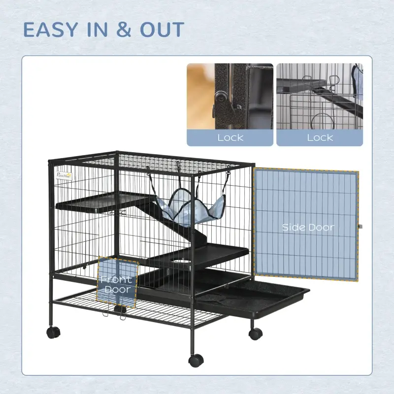 Small Animal Cage With Wheels, Pet Playpen For Rat, Syrian Hamster, Kitten, Ferrets, Chinchillas With Bottom Storage Shelf, Removable Tray, Ramp