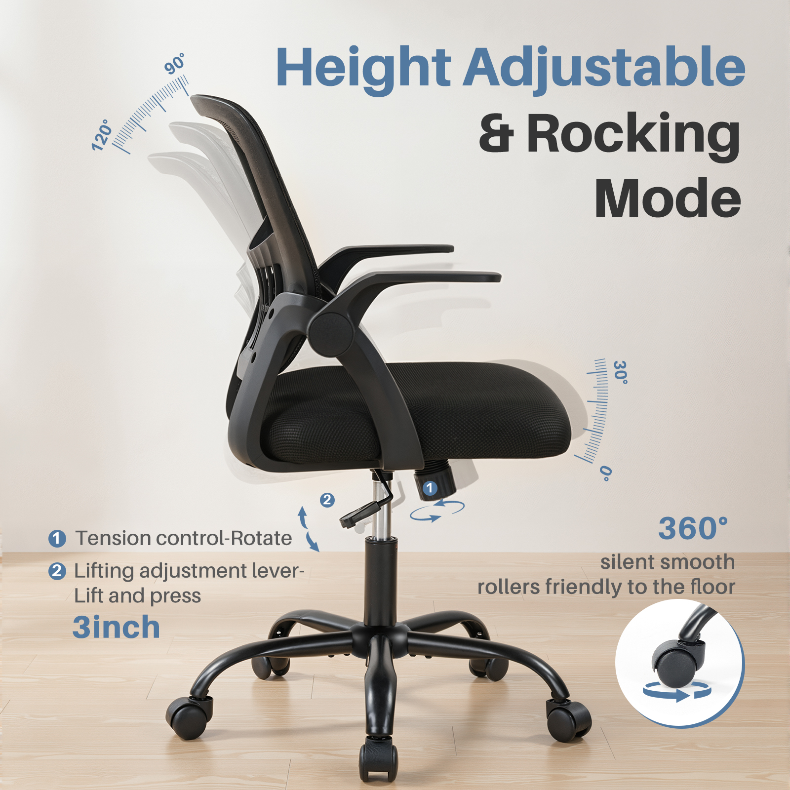 The Flip-up Armrest Fabric Computer Desk Chair With Adjustable Rotating Backrest Offers Comfortable Lumbar Support.
