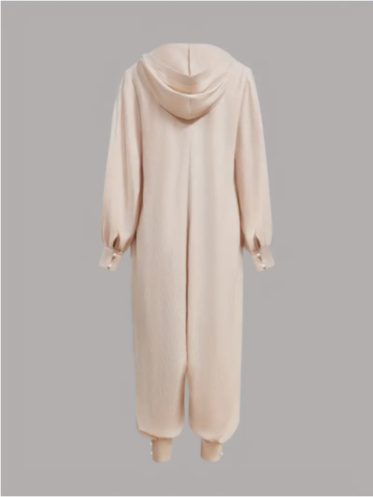 Women'S Casual Beige Hooded Jumpsuit With Long Sleeves And Buttons