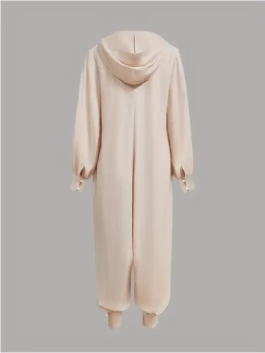 Women'S Casual Beige Hooded Jumpsuit With Long Sleeves And Buttons