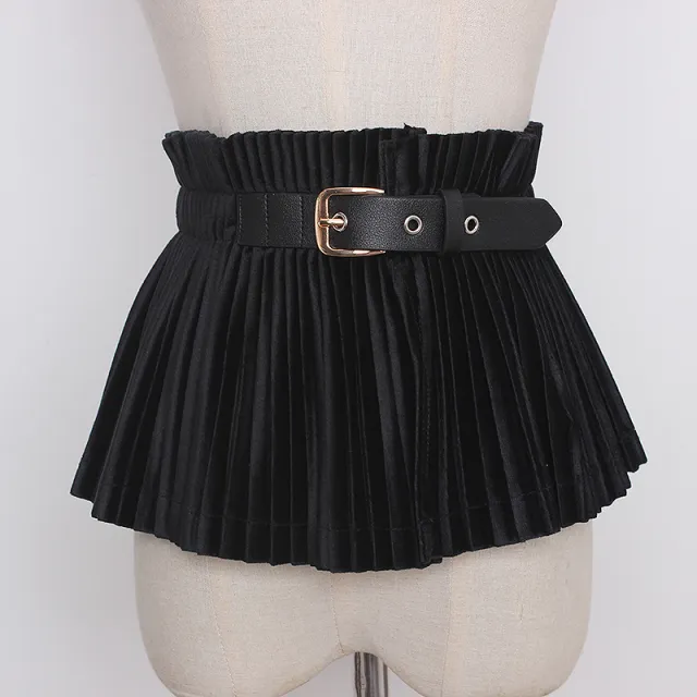 Autumn And Winter New Belt Buckle Design Retro Velvet Pleated Skirt Style Black - Shop at LoveMi