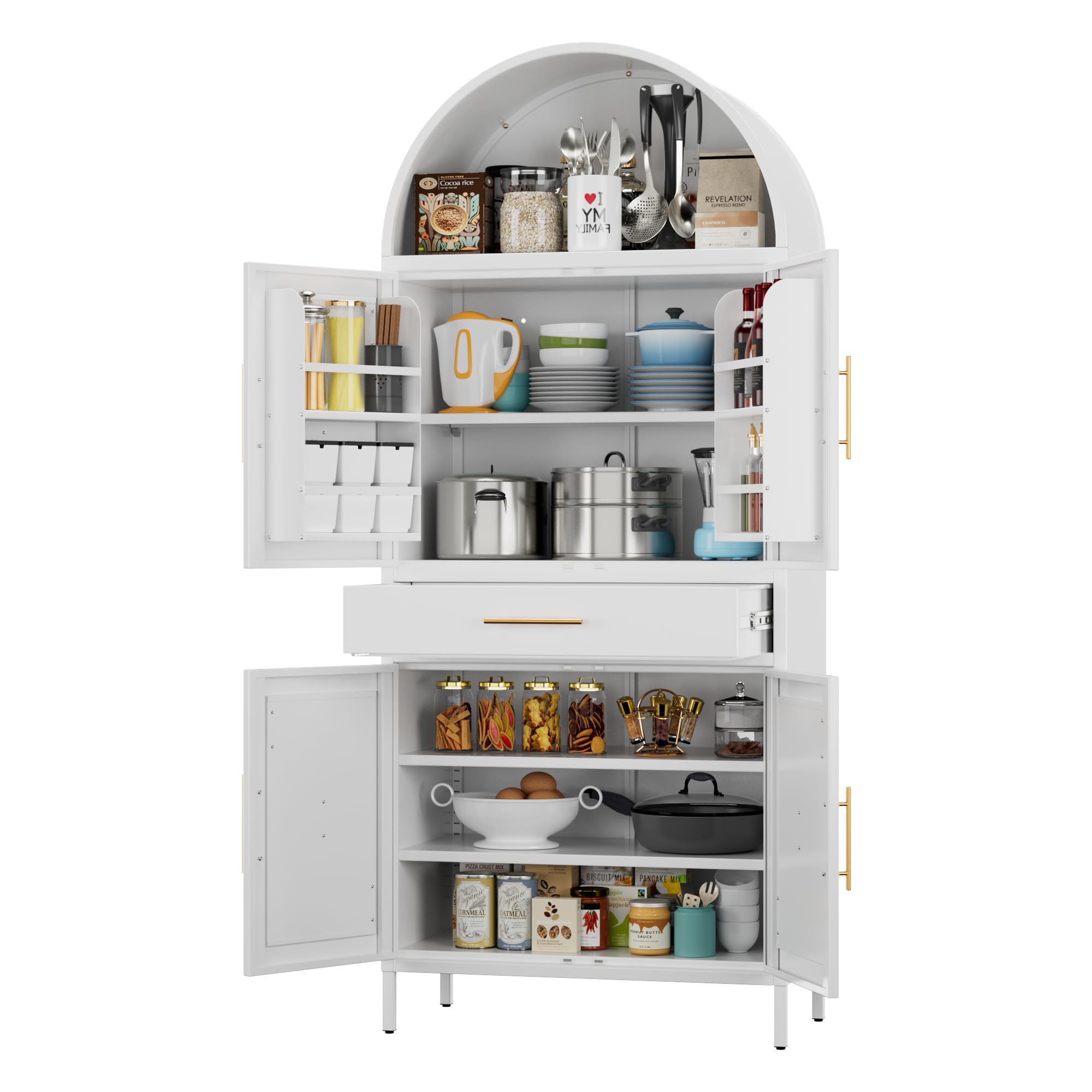 Metal Arched Kithchen Pantry Cabinet With Adjustable Shelves And Drawer,Farmhouse Pantry Cabinet With 2 Doors For Kitchen,Dining Room, Assembly Required,White