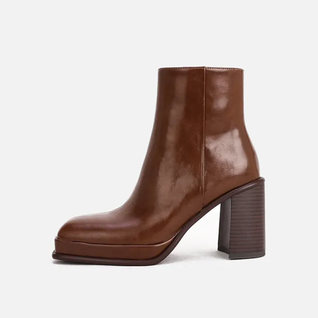 Thick heeled Ankle Boots Leather Square Toe Thick Sole Waterproof Increased Brown - Shop at LoveMi
