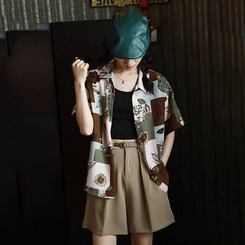 Retro Flower Print Shirt Summer Loose Design Small Short Sleeves