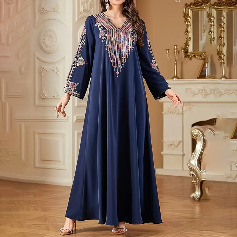Women's Plus Size V Neck Embroidered Print Boho Vintage Long Sleeve Maxi Dress For Vacation Blue - Shop at LoveMi