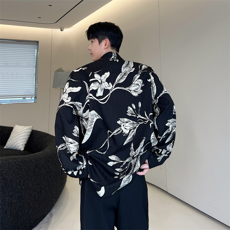 Black Shirt Men's Long Sleeved Loose And Lazy Floral Fragments