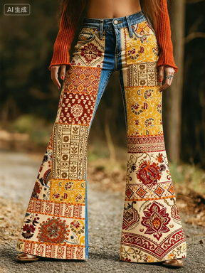 Fashion Retro Printed Flared Pants, Women's Jeans