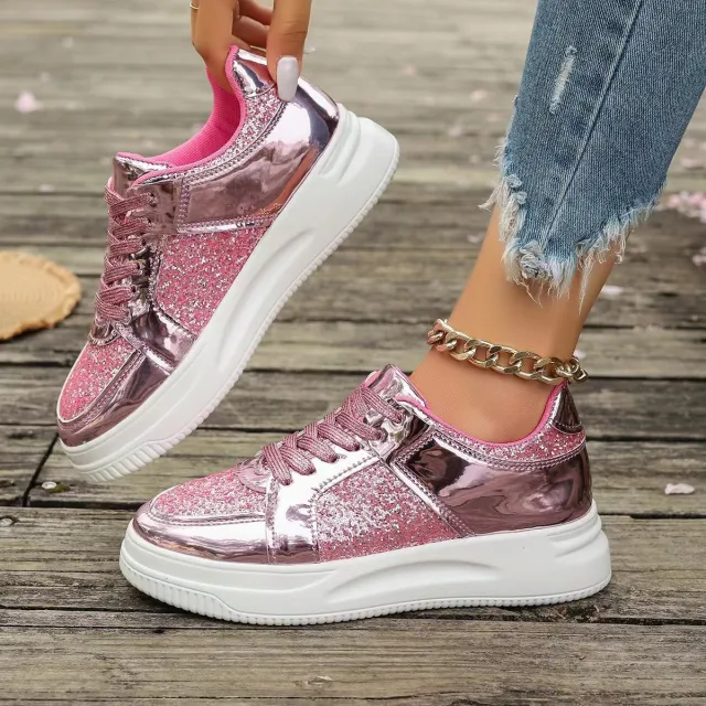 Fashion Lace up Flat Shoes With Sequin Design Casual Sports Thick Bottom Round Toe Shoes For Women Non slip Walking Sneakers Red - Shop at LoveMi