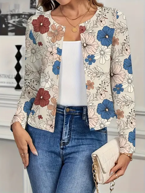 Women Woven Floral Print Open Front Long Sleeve Cropped