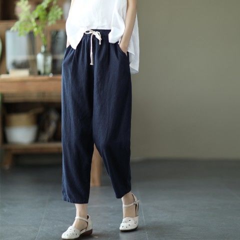 Cotton And Linen Retro Turnip Women's Harem Pants Navy - Shop at LoveMi