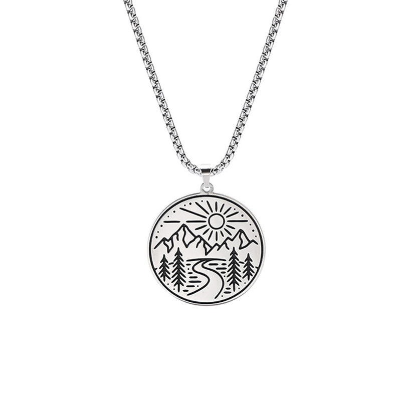 Landscape Painting Round Pendant Necklace Romantic Love Stainless Steel Box Chain Necklace