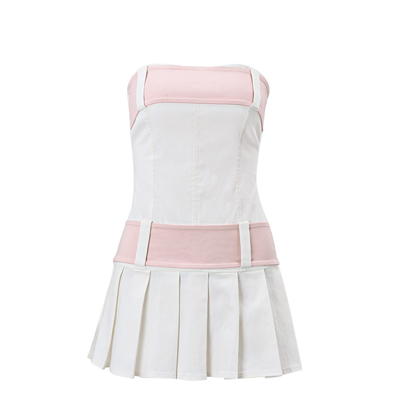 Contrast Color Pleated Dress Without Back Zipper