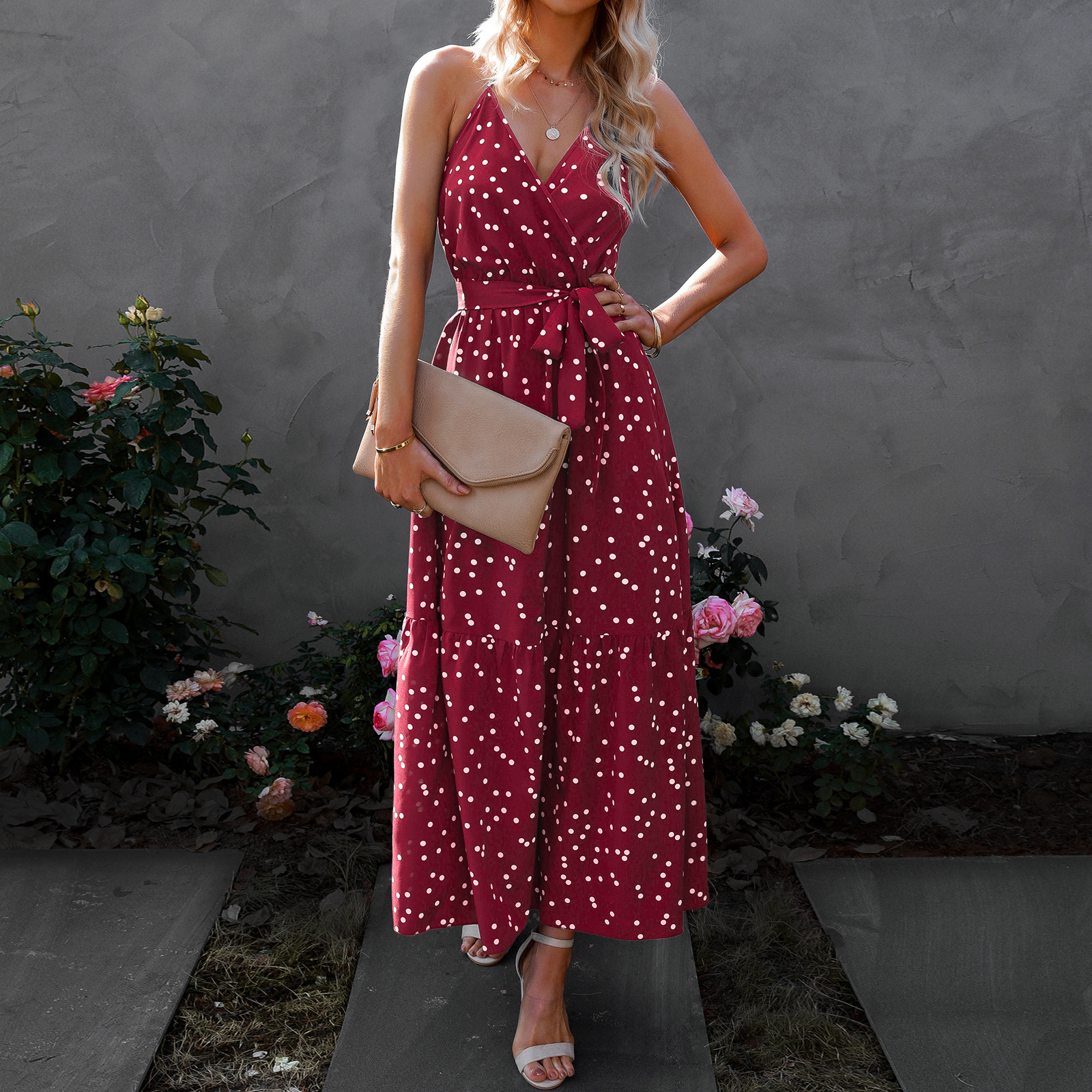 European And American Style V Neck Polka Dot Dress