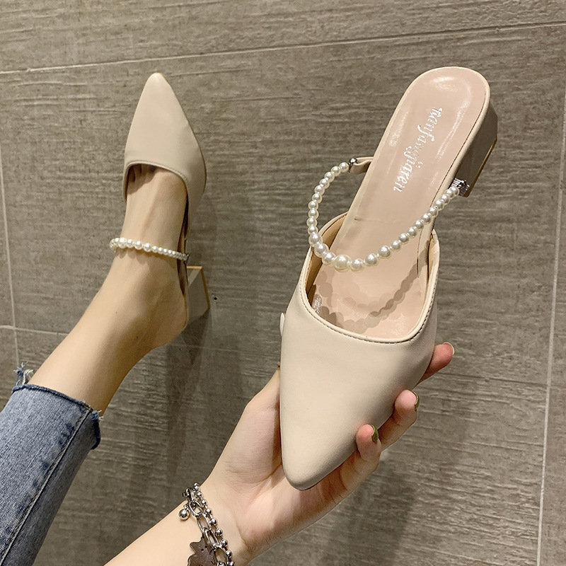 Women’s Fashion Outdoor  Two-way Pointed Toe Chunky Heel Semi-slippers
