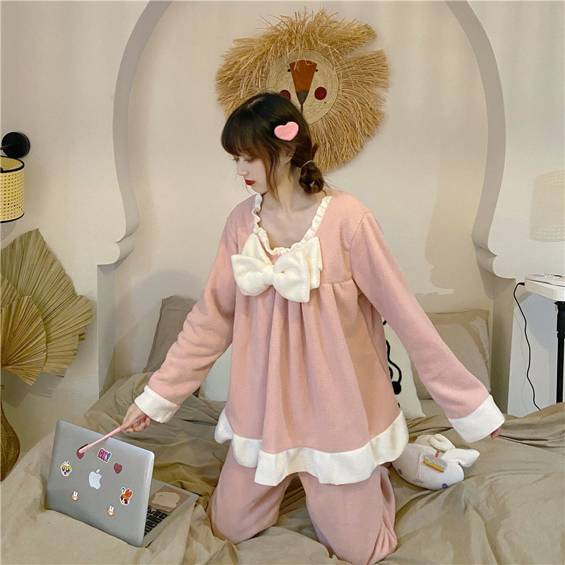 Title 3, Winter Cute Plush Bow One-piece Long Pajamas