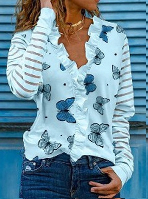 Ruffle Top Women's V-neck Long-sleeved Top With Butterfly Print