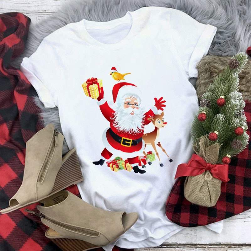 Title 7, Christmas Cute Reindeer Print Short Sleeve T-sh...