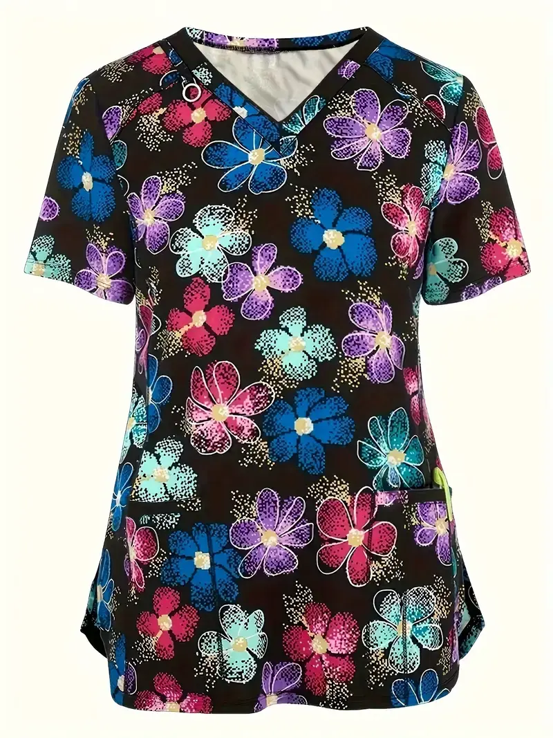 Plus Size Women's Vibrant Print Scrub Top Casual V-Neck Short Sleeve