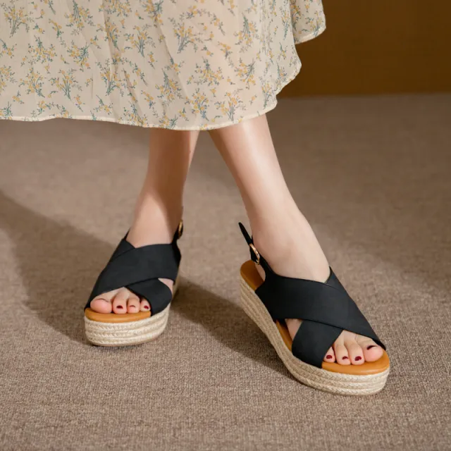 Women's Cross Strap Fish Mouth Wedge Heel Hemp Rope Platform Platform Sandals Black - Shop at LoveMi