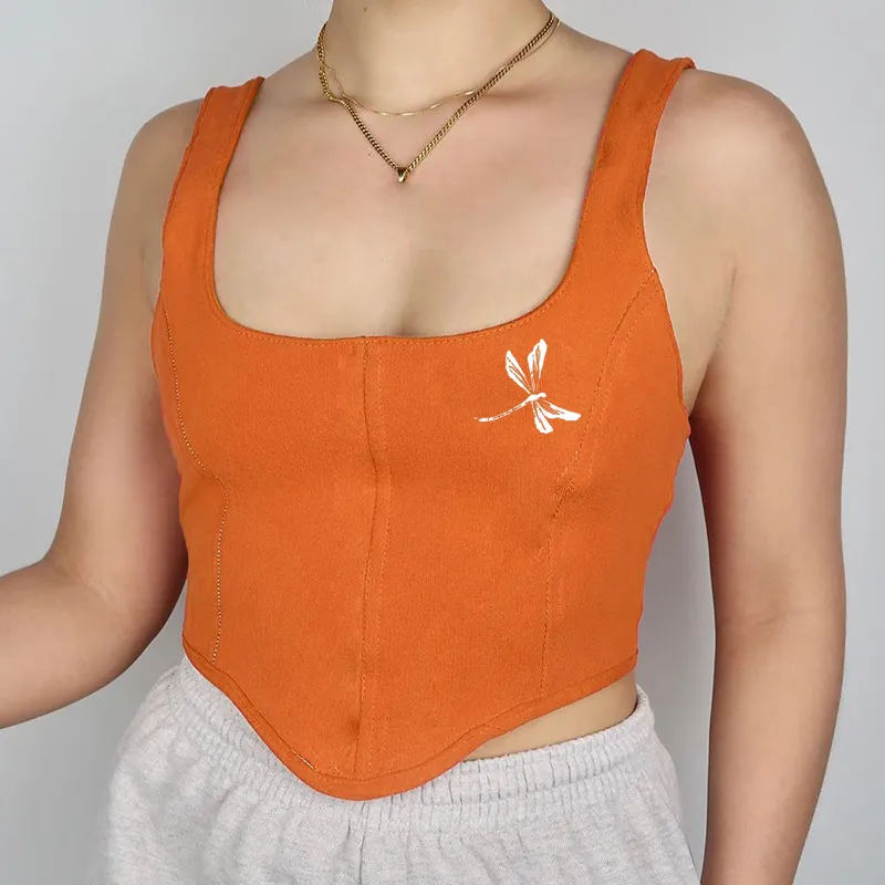 Sexy U-neck Print Back Strap Waist Vest - Orange