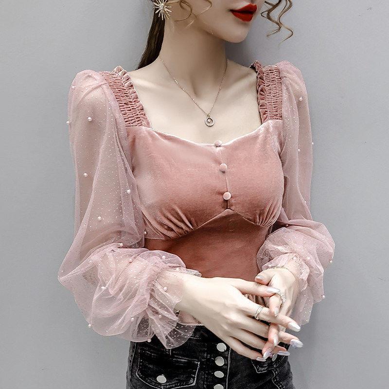 Square Neck Mesh Stitching Long-sleeved Shirt Women Temperament Top