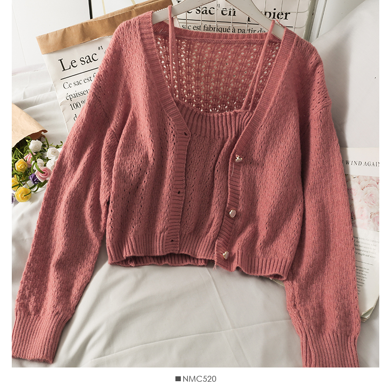 Hollow Perspective Thin Single-breasted Long-sleeved Knitted Top With A Short Slim Sling