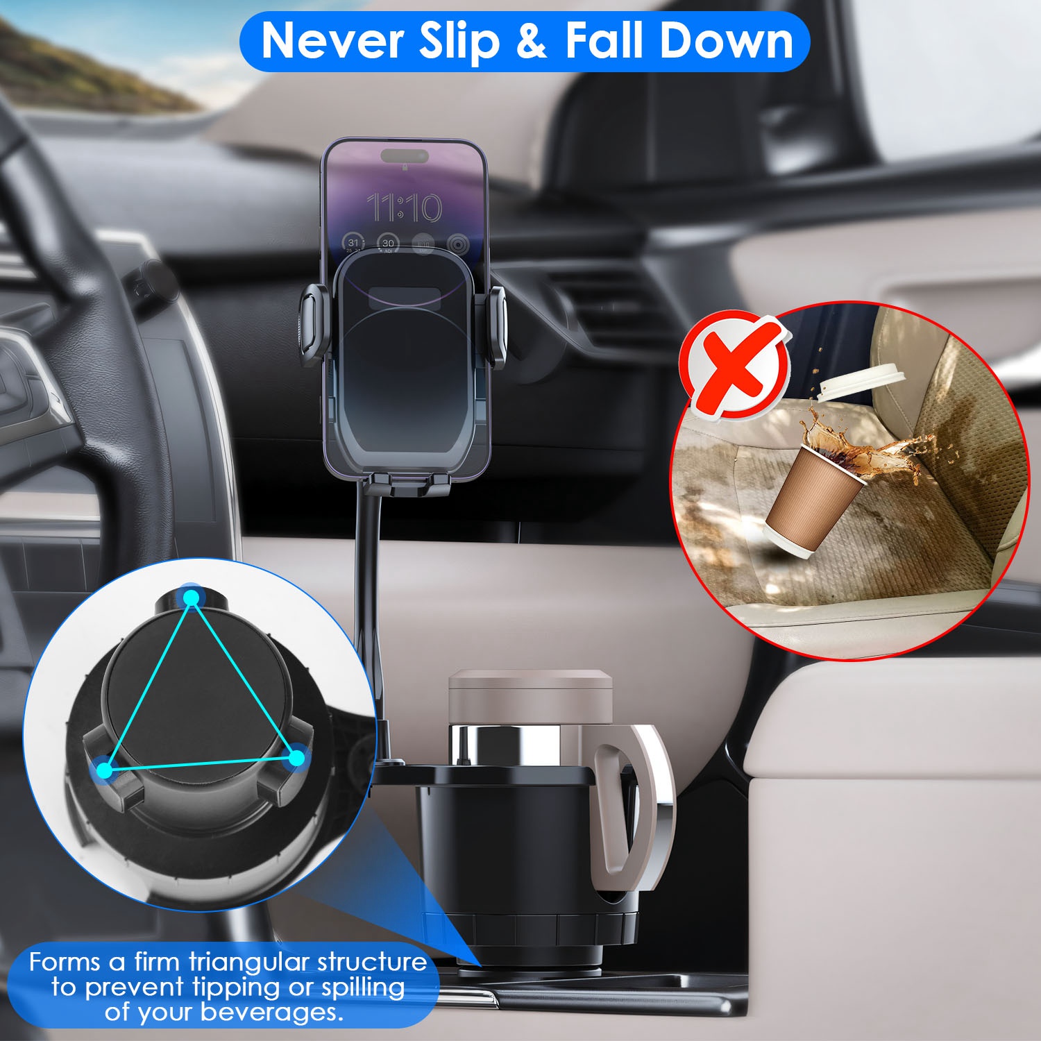 1Pc 2 In 1 Car Cup Phone Holder Automotive Drink Holder With 360 Degree Rotating Gooseneck Phone Mount Adjustable Base Fit For Most Phones Cups Vehicles - Image 3