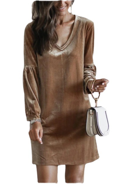 Sexy Commuter Gold Velvet Dress With WishV Collar