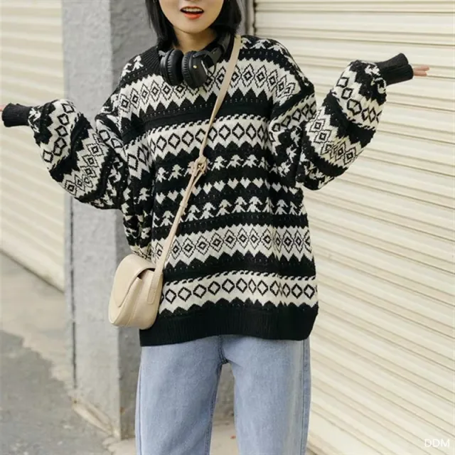 Women's Literary And Artistic Port Style Sweater Loose Sweet Pullover Black - Shop at LoveMi
