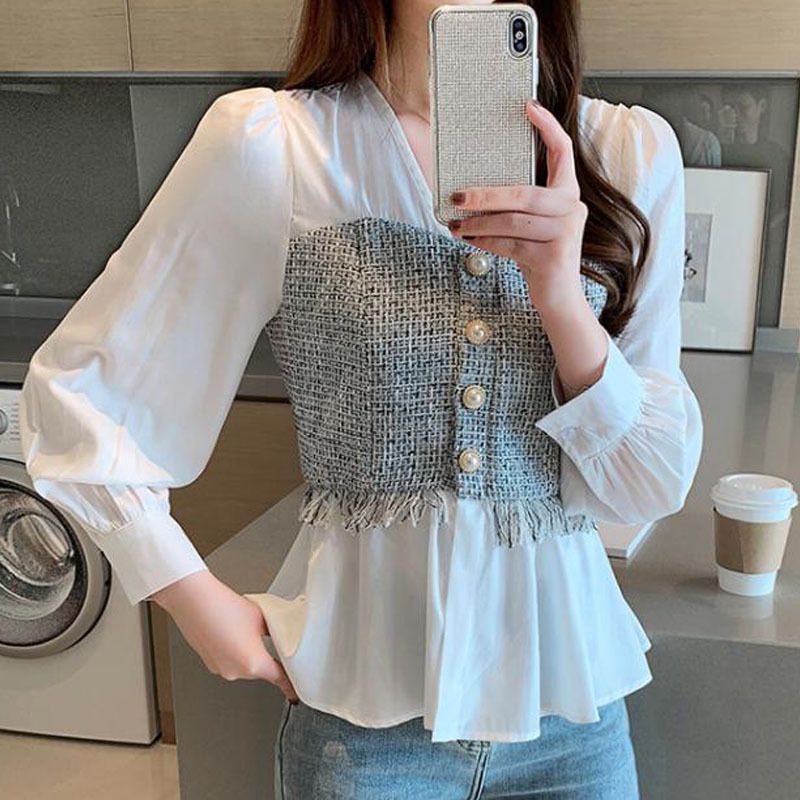 Temperament Little Fairy V-neck Waist Long Sleeve Stitching Fashion Chiffon Shirt