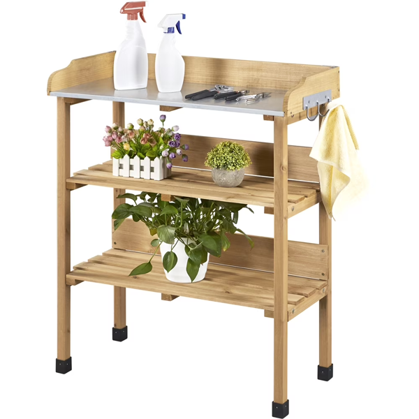 Outdoor Potting Bench Table With Storage Shelf,Natural Wood
