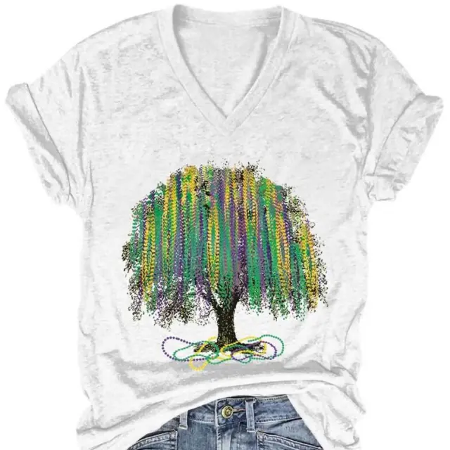 European And American Style Women Carnival Bead Tree V neck T shirt White - Shop at LoveMi
