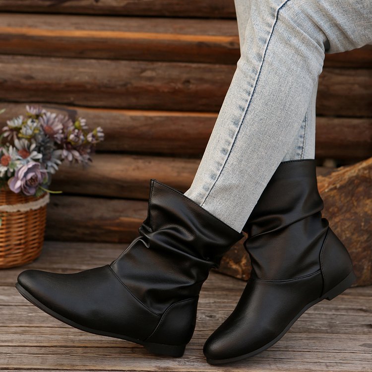 Fashion Round toed Flat Boots Versatile Simple Slip on Western Cowboy Boot Casual Short Shoes For Women Black - Shop at LoveMi