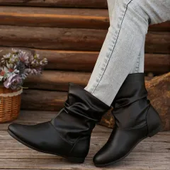 Fashion Round-toed Flat Boots Versatile Simple Slip-on Western Cowboy Boot Casual Short Shoes For Women - Black - View 1