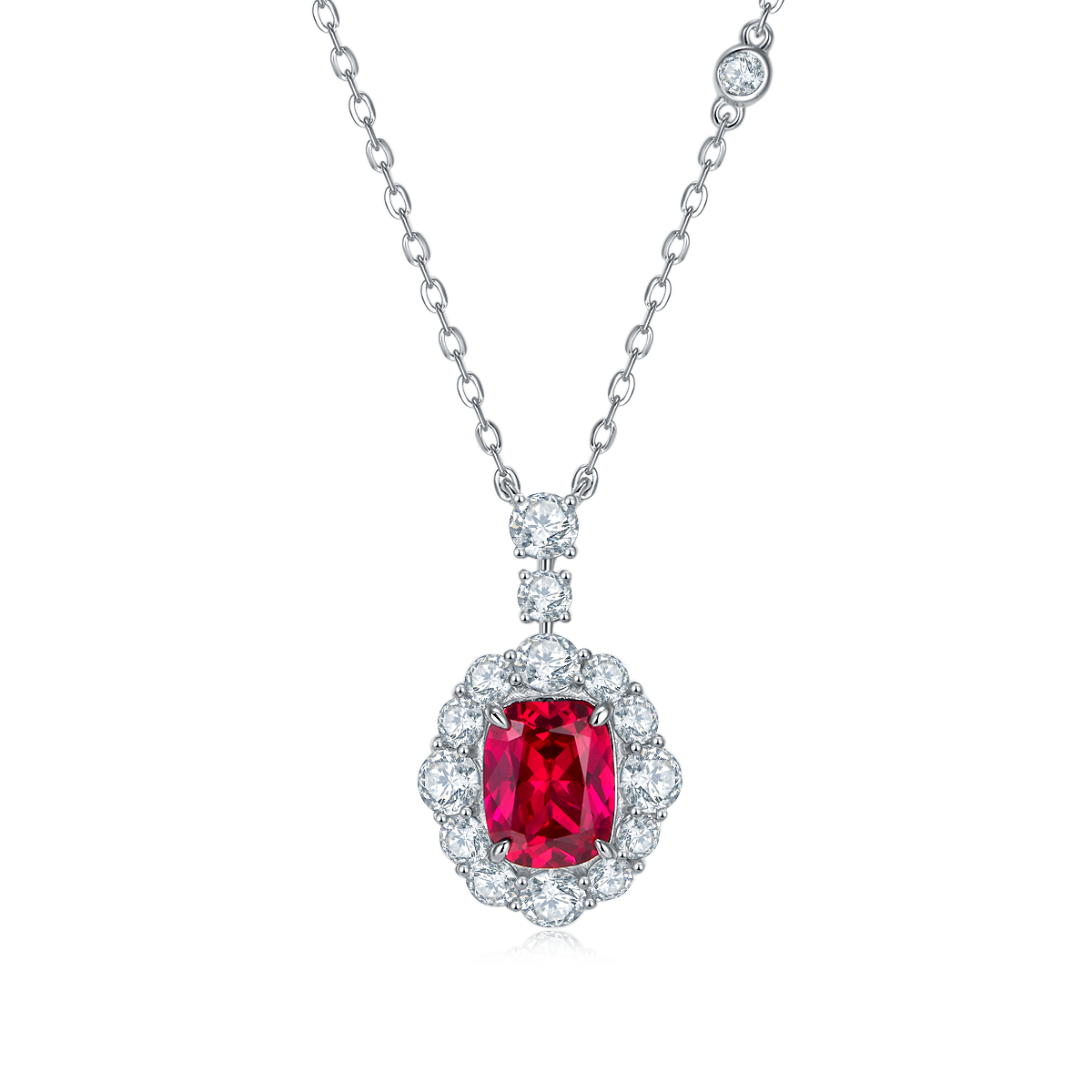 S925 Silver 5g Platinum Plated 4ct Lab-Created Ruby Necklace, 9x7mm Halo Pendant, 40&5cm