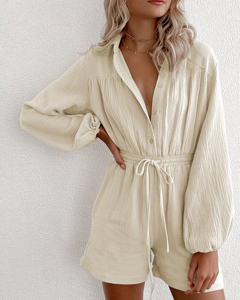 Sleeve Drawstring Pockets Waist Single-breasted Cardigan Loose Jumpsuit