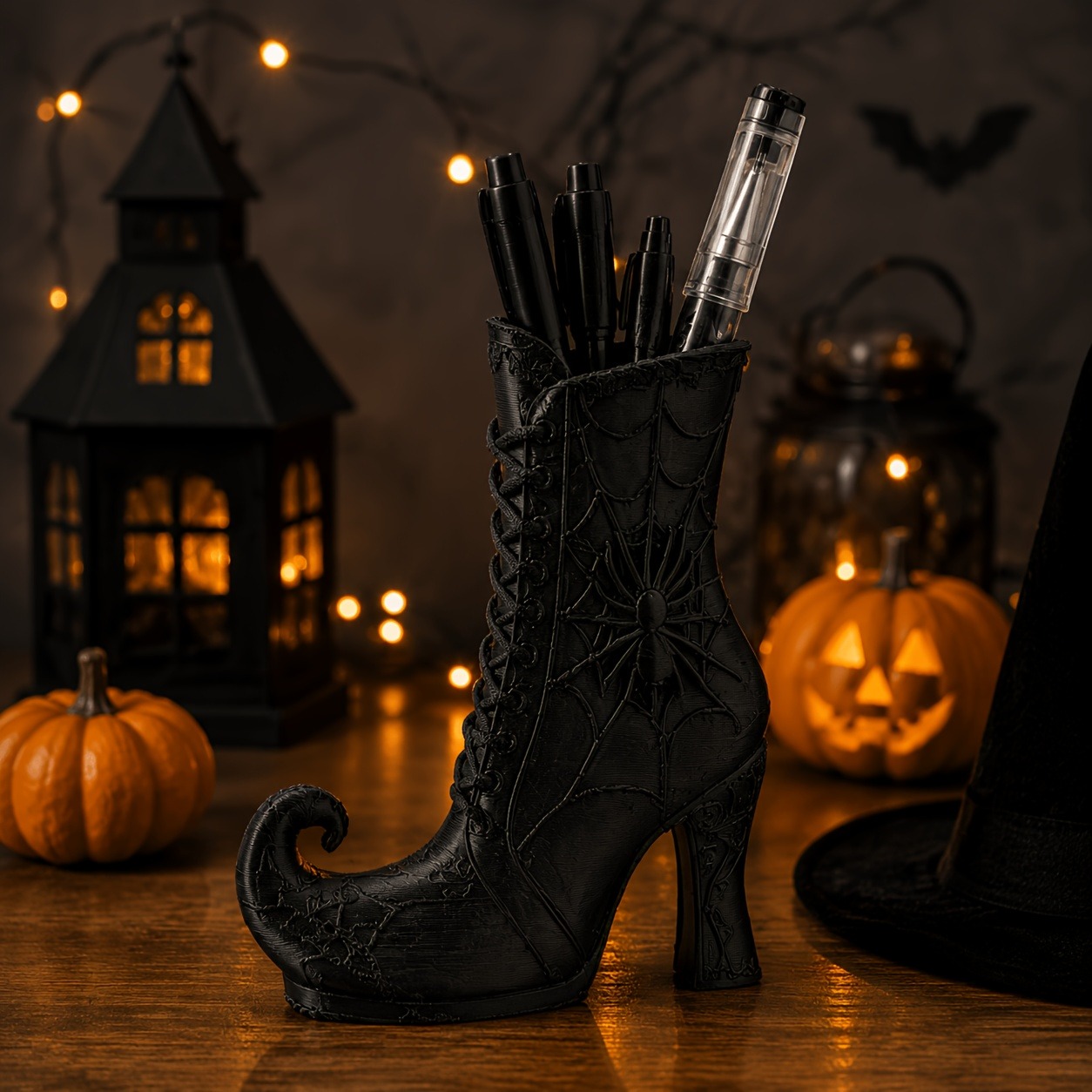 3D Printed Gothic Spiderweb Boot Pen Holder, Halloween High Heel Desk Organizer, Witchy Makeup Brush Holder, Desktop Storage Decor