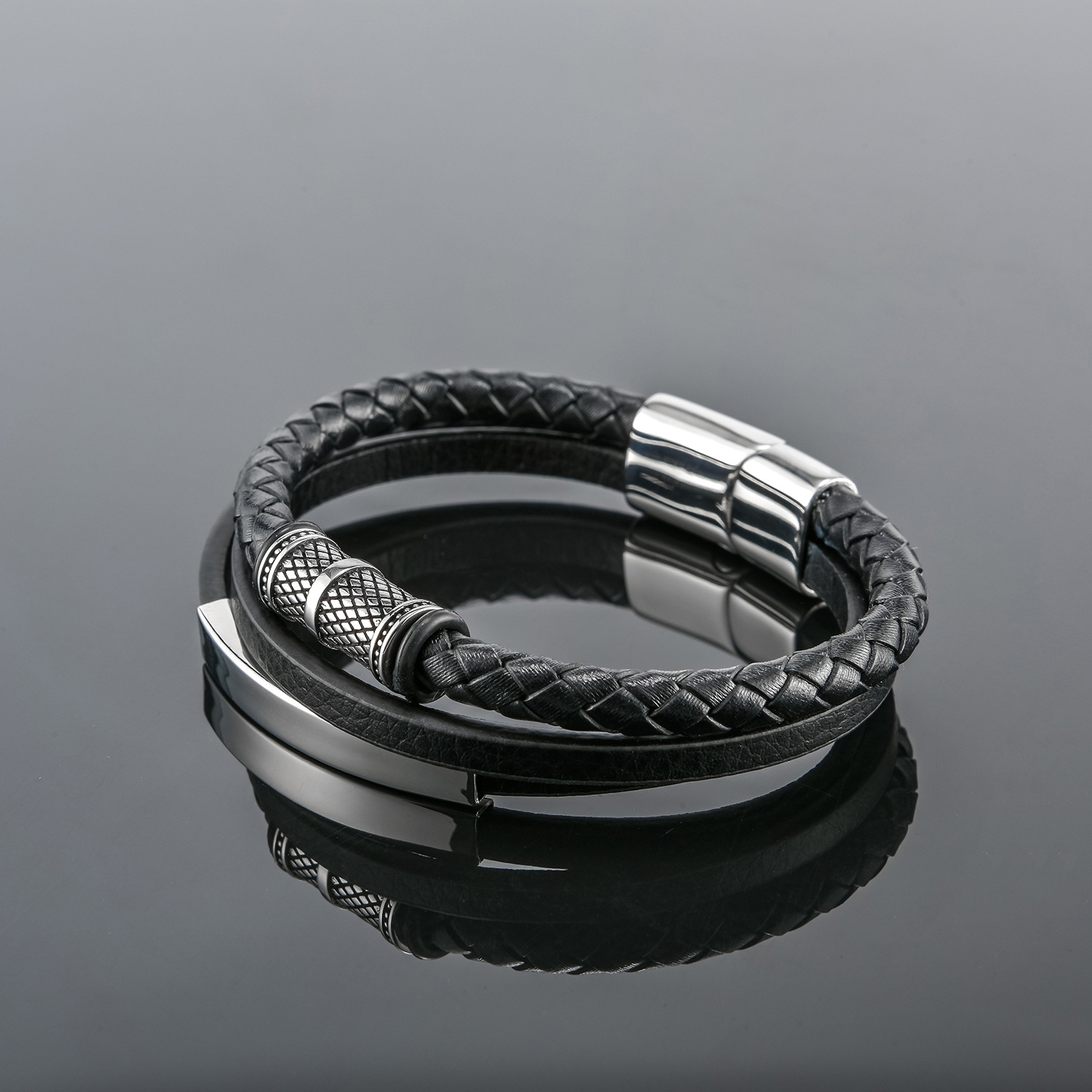 Stainless Steel Accessories Leather Cord Braided Bracelet