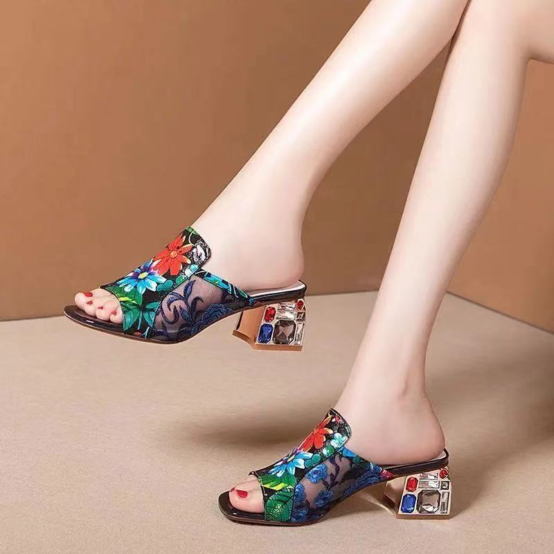 Ethnic Wind Rhinestone Mid heel Mesh Slippers Blue - Shop at LoveMi