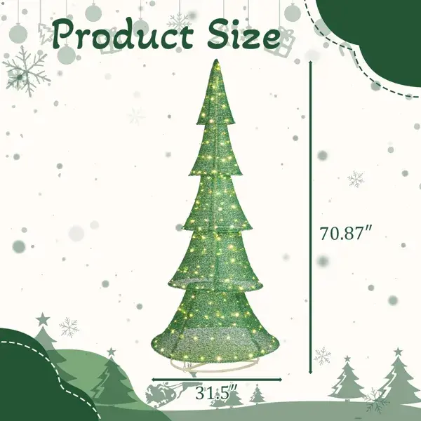 6FT Lighted Christmas Tree Yard Decorations, Pre-lit Pull Up Christmas Tree With 200 LED Warm White Lights For Xmas Outdoor Holiday Indoor Decor Lighted Holiday