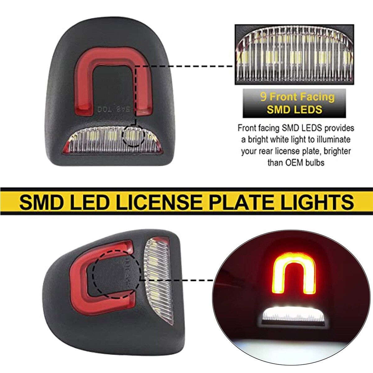 Plug-and-play LED plate light connector showing OEM-style wiring harness for GM trucks