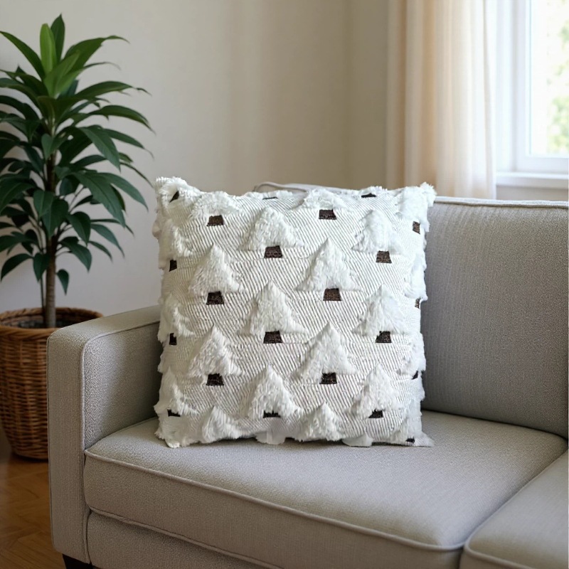 Husă decorativă pentru pernă în formă de brad de Crăciun, husă decorativă 3D din pluș cu motiv de pin, husă pentru pernă în stil rustic pentru canapea, decor